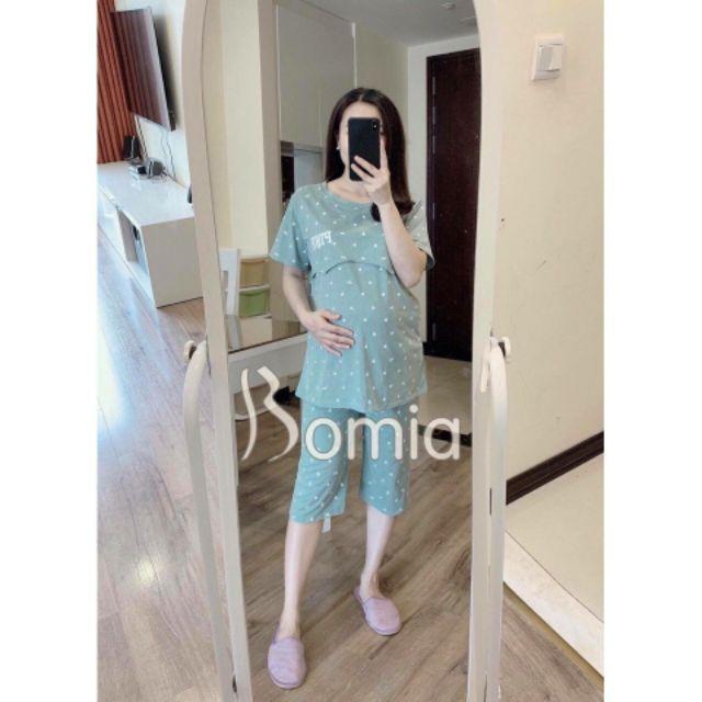 Bộ bầu và sau sinh cộc tay có lật ngực cho bé ti, lửng cotton A009