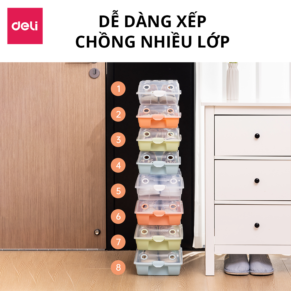 Hộp Nhựa Đựng Giày Trong Suốt Có Nắp Đậy Nhiều Màu Thông Minh Tiện Lợi Deli - Hộp Đựng Giày Nhựa PP Dẻo Chịu Lực Nhiều Size Có Thể Xếp Chồng