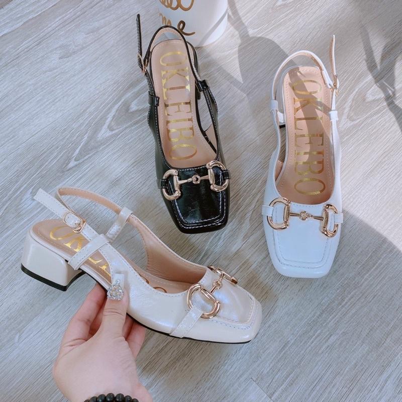 Giày cao gót 3p, giày cao gót mũi vuông khóa OKLEIBO gót vuông 3cm màu đen và trắng size 35 đến 39