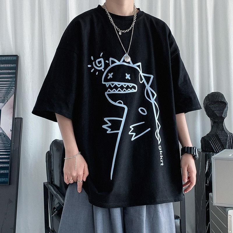 Hình ảnh Áo phông nam nữ unisex tay lỡ thun form rộng teen cổ tròn oversize cotton giá rẻ basic đen trắng tee pull freesize KHỦNG LONG DỄ THƯƠNG