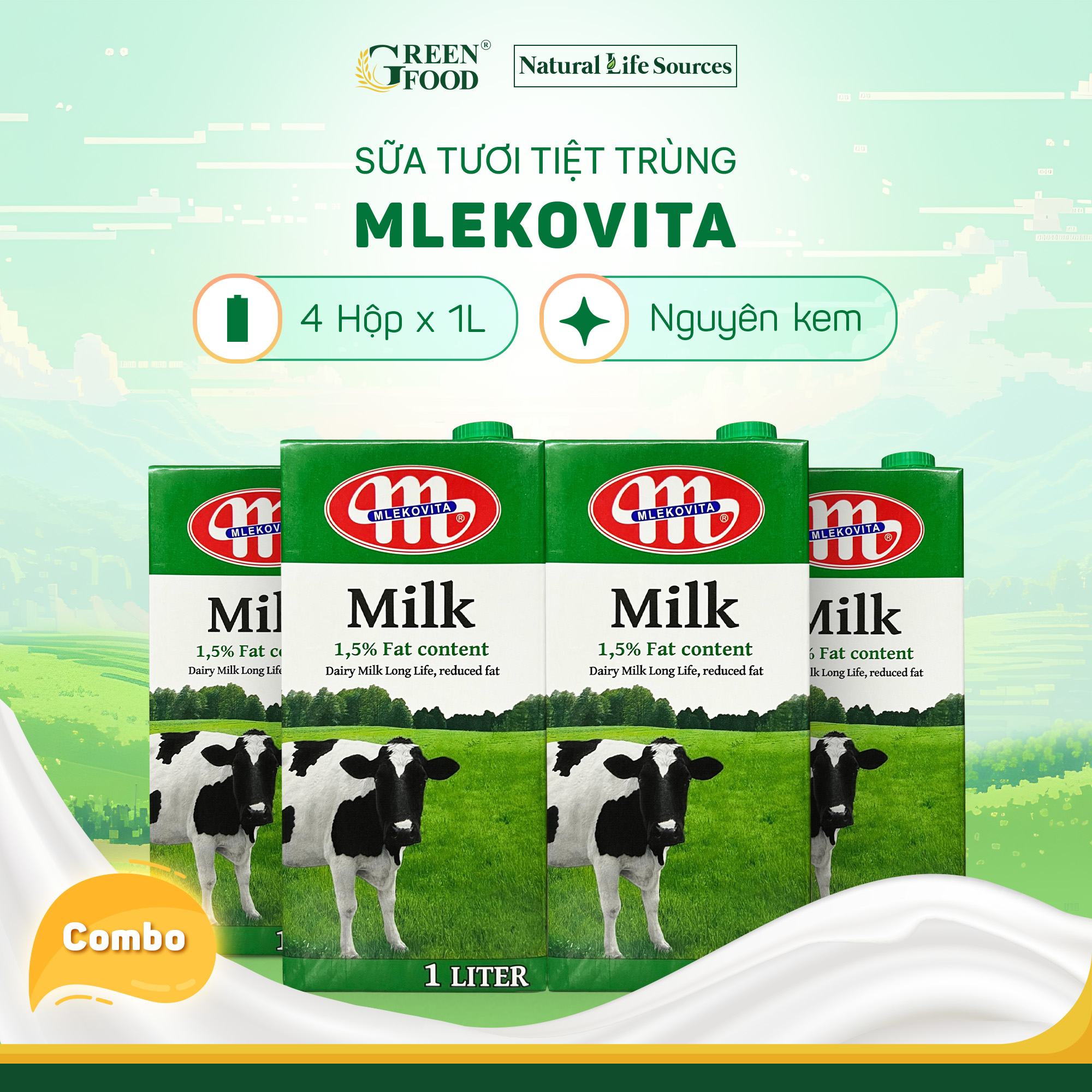 Combo 4 Hộp Sữa Tươi Tiệt Trùng Mlekovita Ít Béo 1L - 1.5% Béo, Hỗ Trợ Giảm Cân Ăn Kiêng, từ Ba Lan