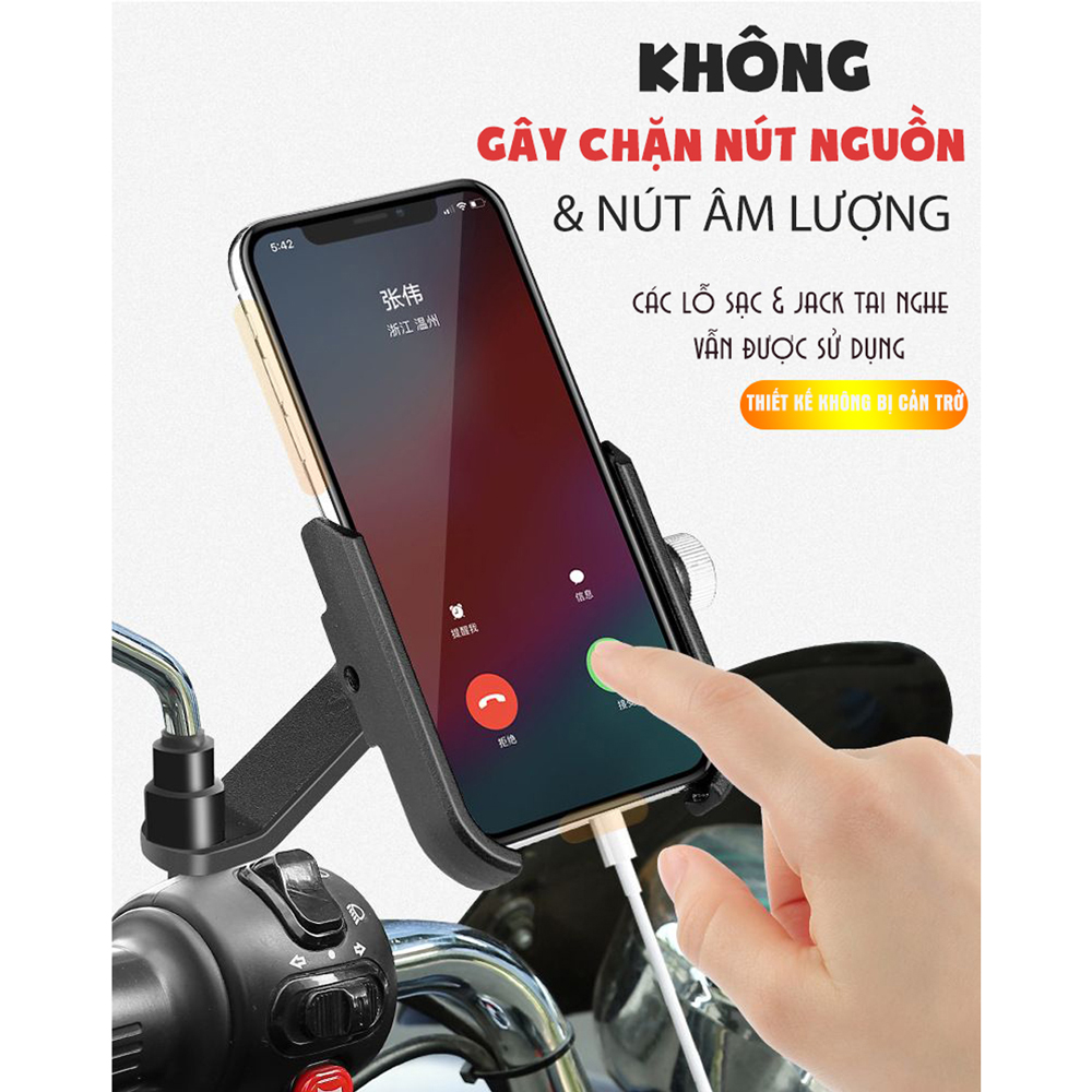 Giá Kẹp Đỡ Điện Thoại Cho Xe Máy/ Xe Gắn Máy/ Xe Moto Hợp Kim Nhôm Cao Cấp Chống Rung, Chống Cướp Giật Điều Chỉnh Xoay Ngang Dọc 360 độ (Chốt Kẹp Gắn Chân Gương Chiếu Hậu ) Mai Lee