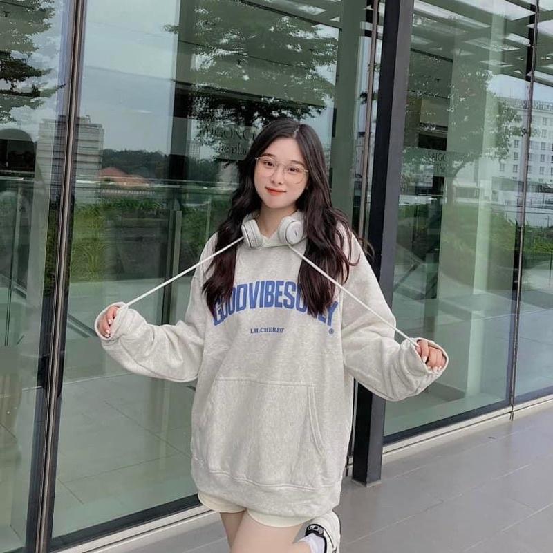 Áo Hoodie GOODVIBESONLY Form Unisex nam nữ nón 2 lớp trùm đầu, Áo hoodie nữ form rộng Áo hoodie nữ nỉ bông dày có mũ hai lớp unisex màu xám