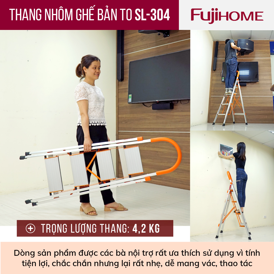 Thang ghế nhôm tay vịn chữ A bản to 4 bậc 1,4m xếp gọn Nhật Bản Fujihome chống trượt, Ghế thang chữ A thắp nhang gia đình đa năng rút gọn inox 1m4 mét step stool ladder