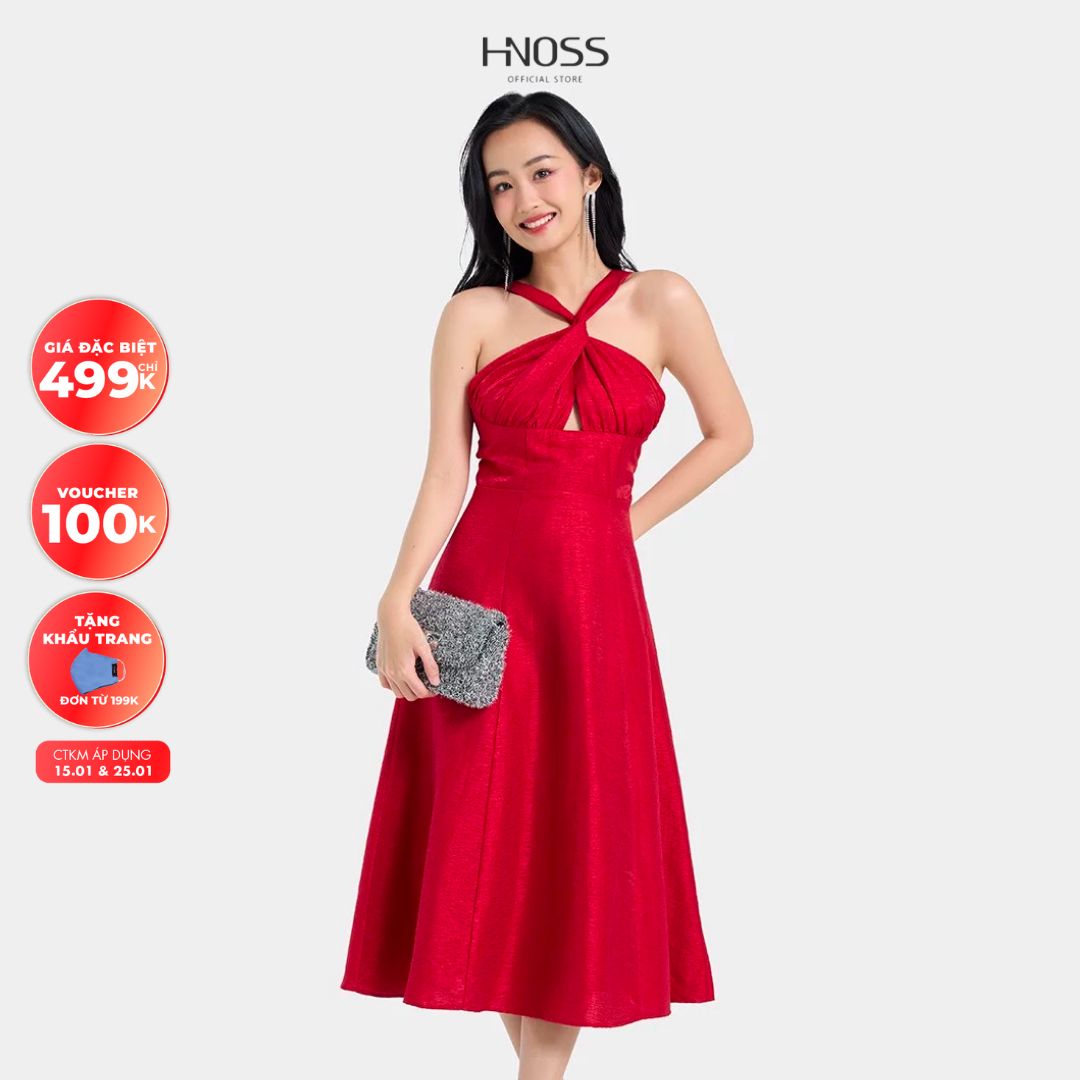 Đầm Cổ Yếm Nữ Thời Trang HNOSS Form Dài Xoắn Dây HNDLU085
