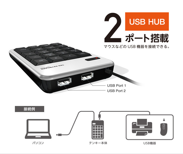 Được trang bị với một chức năng trung tâm USB2.0 của hai cổng, là một bàn phím số có thể được kết nối với một thiết bị USB như một con chuột đến hai.