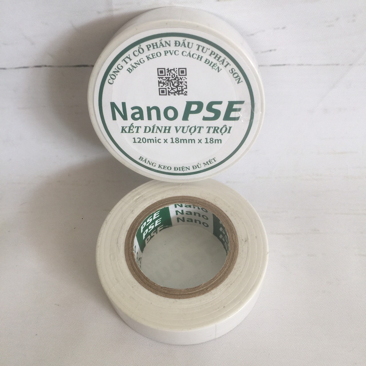 Băng keo điện đủ mét Nano PSE 18M màu trắng, cây 10 cuộn băng keo dùng trong ngành điện lạnh