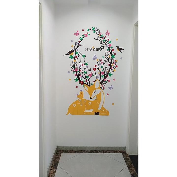 Tranh dán tường mica 3d decor khổ lớn hươu sao, công, phượng hoàng tranh trang trí phòng khách, phòng ngủ, spa, nail