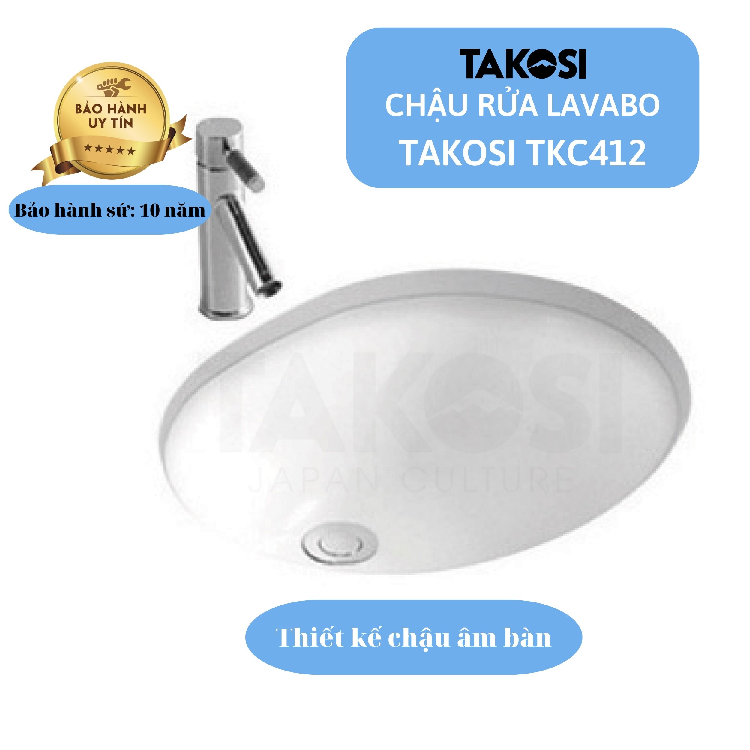 Chậu Lavabo sứ, Rửa Mặt Phòng Tắm Takosi TKC412 Âm Bàn Dùng Gia Đình, Khách Sạn - Hàng Chính Hãng Bảo Hành 10 Năm