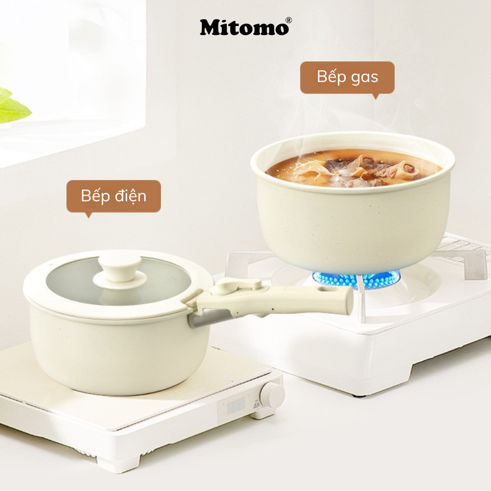 Bộ nồi chảo đá gốm Mitomo chống dính cao cấp 5 món có tay cầm tháo rời, dùng cho mọi loại bếp - Hàng chính hãng
