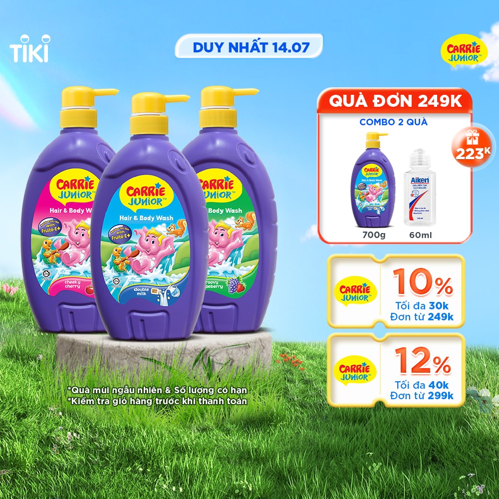 Combo 3 Sữa Tắm Gội cho bé Carrie Junior (700g x 3): 1 Hương Grapeberry + 1 Hương Cherry + 1 Tinh Chất Sữa