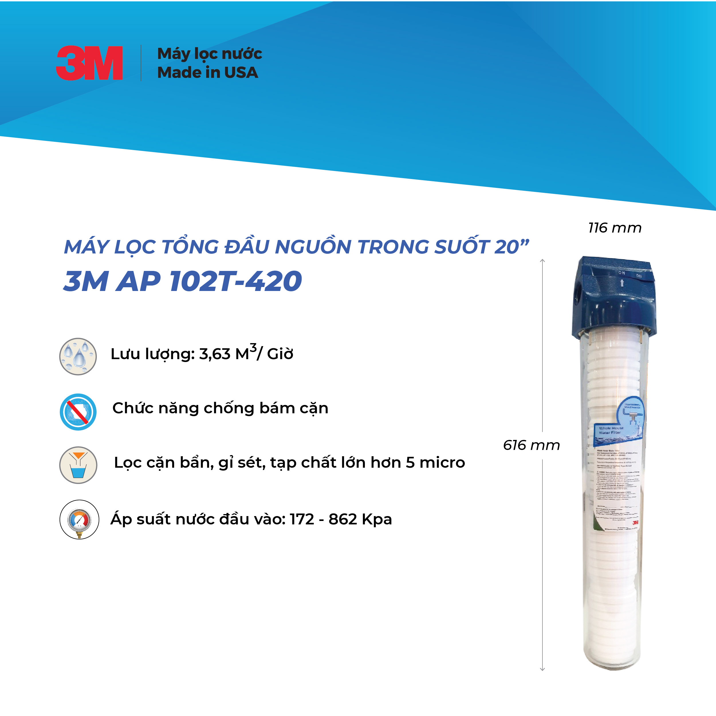 Máy Lọc Nước Tổng Đầu Nguồn Dạng Trong Suốt 3M AP102T-420 - Hàng Chính Hãng