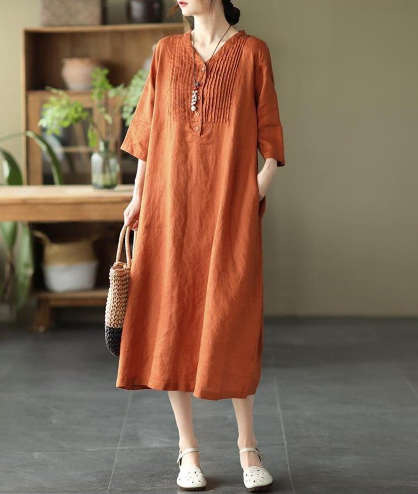 Đầm linen cổ V tay lỡ, form suông dài rộng, style Hàn Quốc trẻ trung NH190 cam