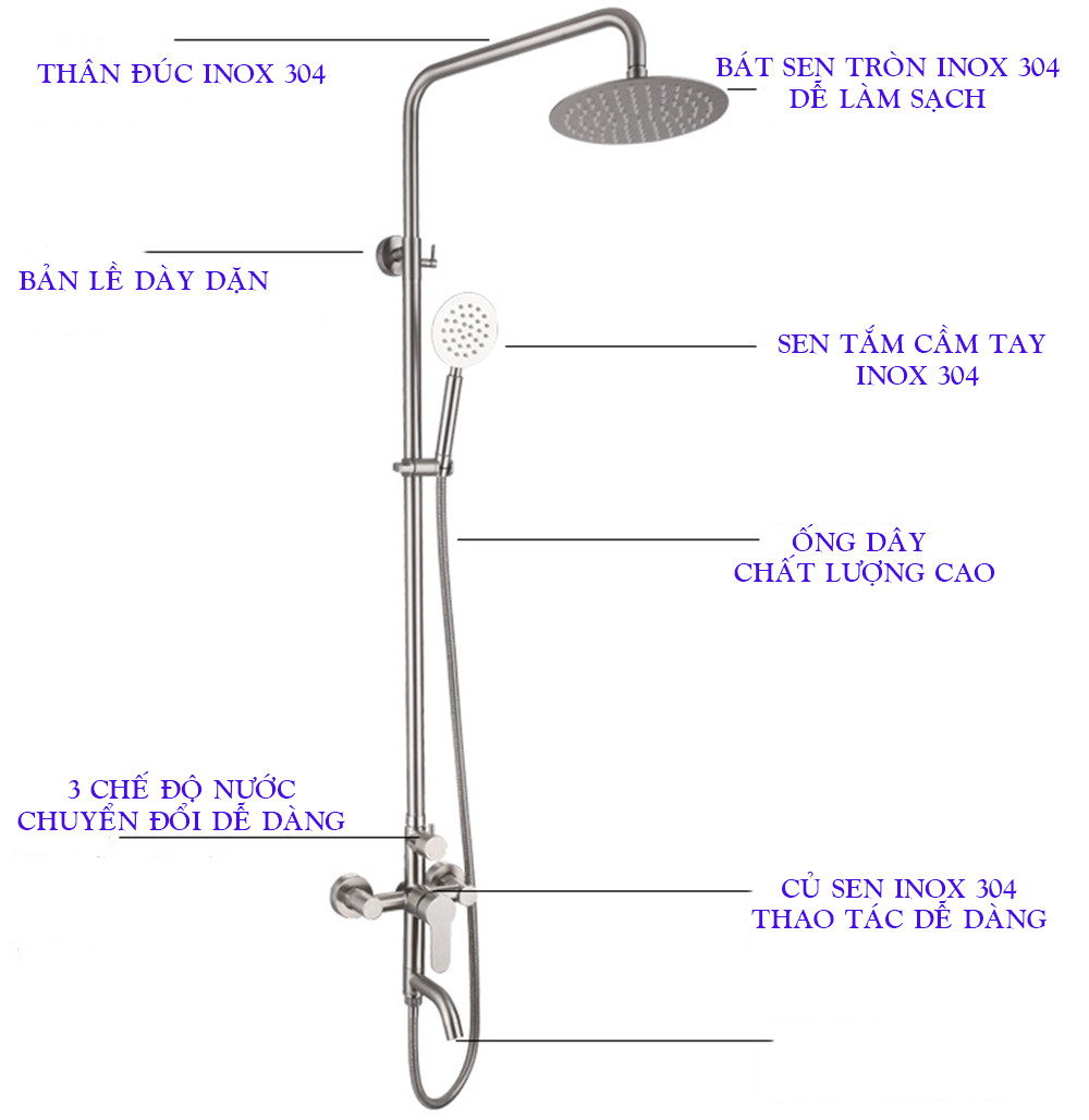 Bộ cây sen tắm nóng lạnh inox 304 thương hiệu KAMA ST02 - cây sen tắm đứng inox 304, màu sắn nguyên bản, không chì, không gỉ sét - Hàng chính hãng