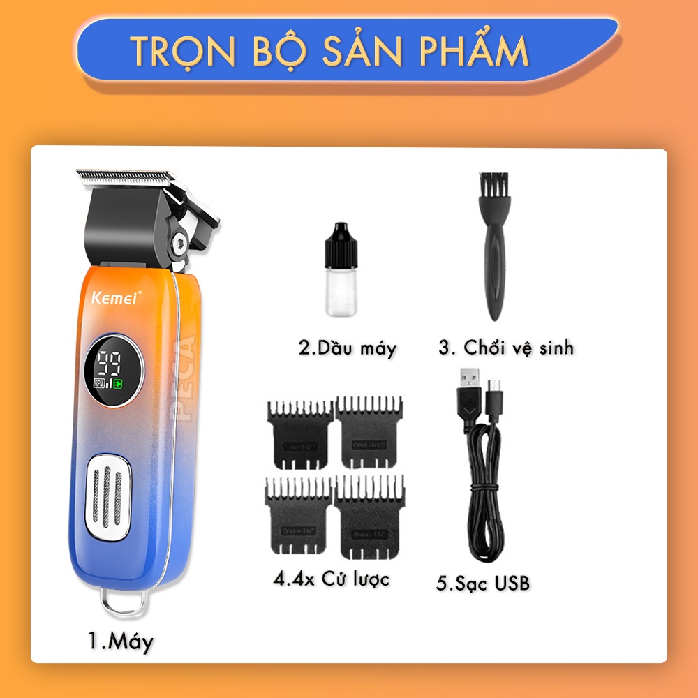 Tông đơ cắt tóc không dây Kemei KM-1837 phiên bản mới cải tiến điều chỉnh 2 mức tốc độ màn hình LCD thông minh sạc nhanh USB công suất mạnh