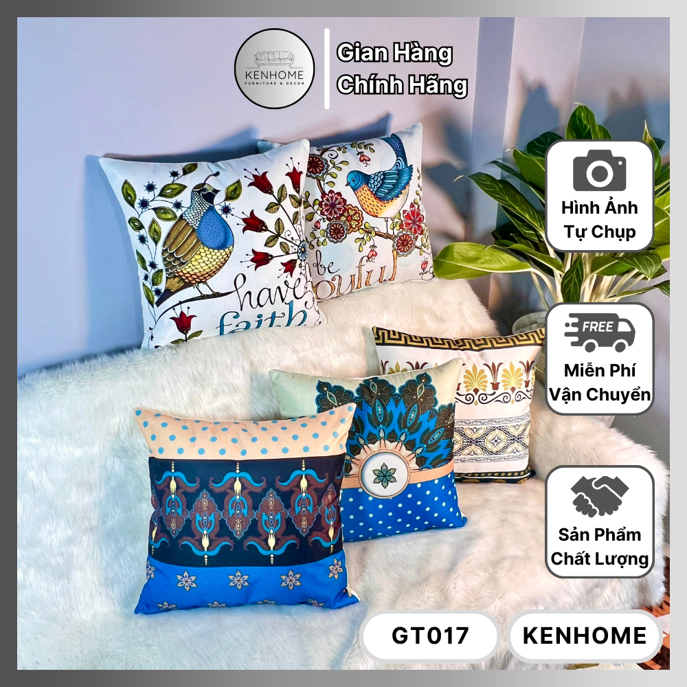 Gối Sofa Họa Tiết Chim Ri Cổ Điển - Gối Tựa Sofa Tông Xanh Trắng Trang Trí Nhà Cửa - Chất Liệu Vải Bố - Kích Thước 45x45cm