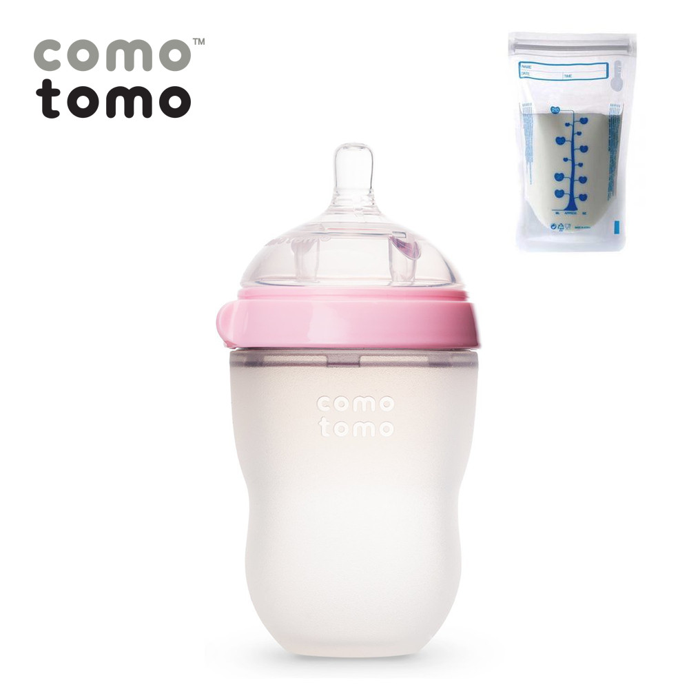 Bình Sữa Silicon Comotomo 250ML Màu Hồng- Tăng kèm 1 túi trữ sữa UNIMOM 210ML