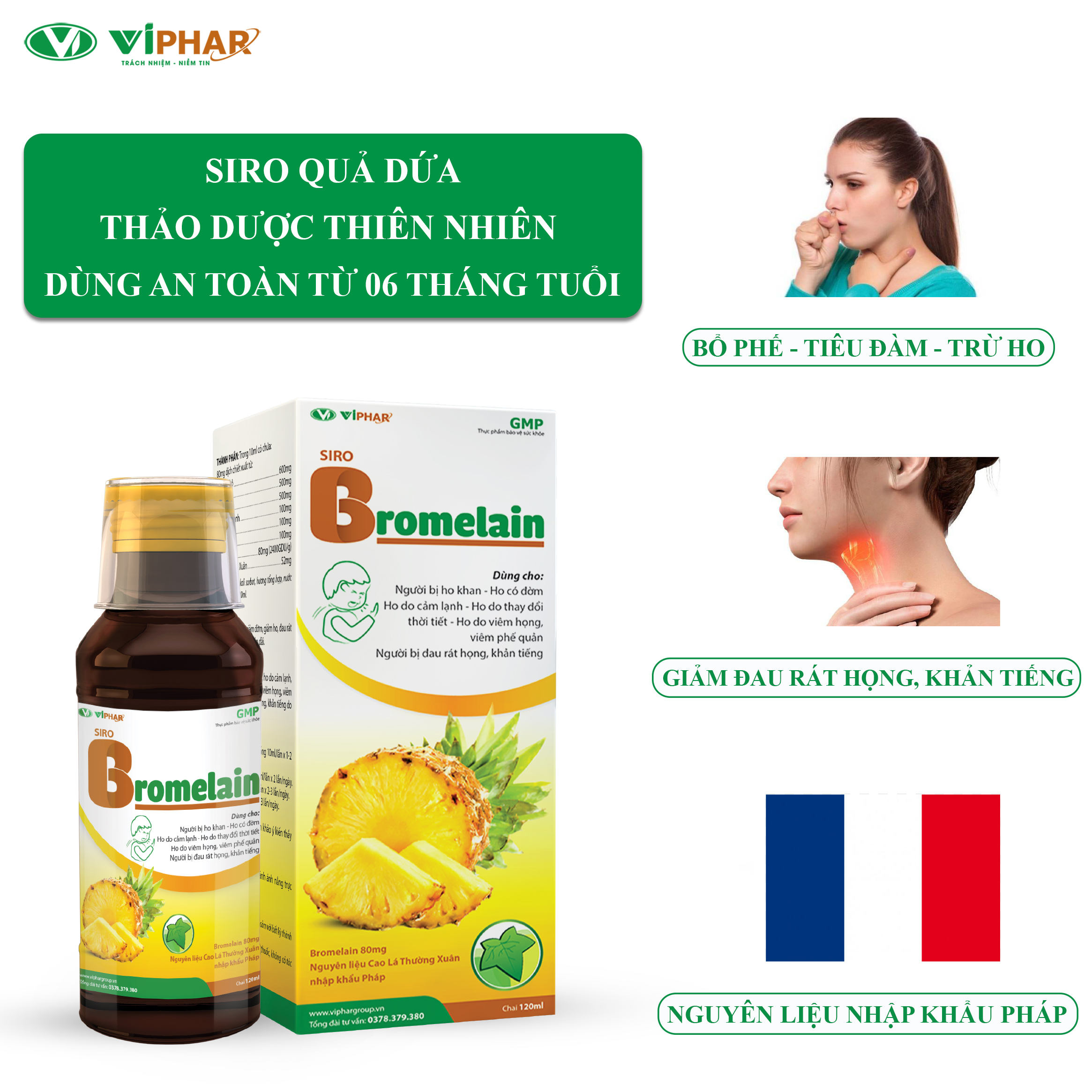 Siro Ho Quả Dứa Giảm Nhanh Các Loại Ho, Thảo Dược An Toàn Dùng Cho Bé Từ 6 Tháng Tuổi Siro Ho Bromelain Viphar Chai 120ml