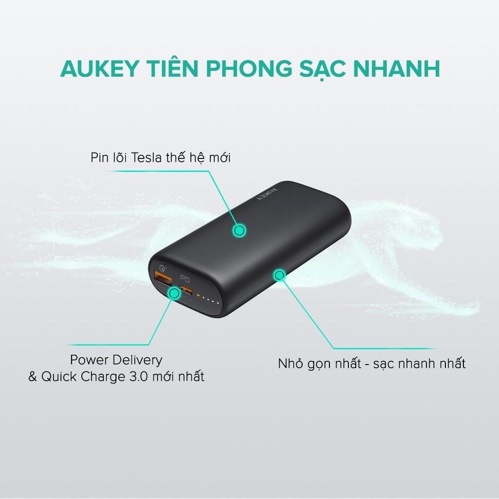 Sạc Dự Phòng Aukey PB-Y36 10.000 mAh Lõi Pin Tesla Bền X7 Lần, Sạc Nhanh QC 3.0 Và PD 18W, Tích Hợp Đèn Báo - Hàng Chính Hãng