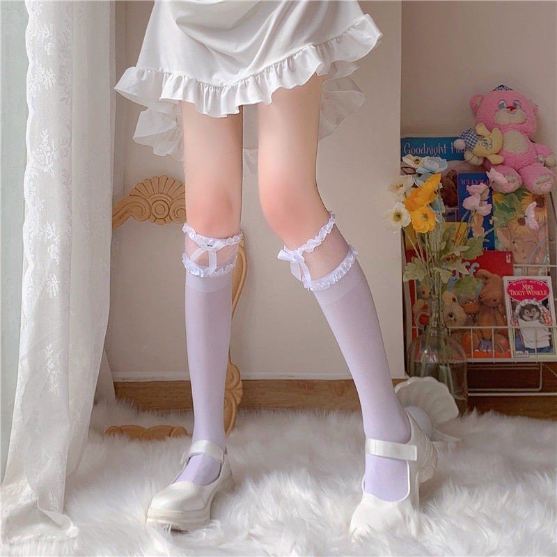 Tất, vớ bắp chân dưới đầu gối, 2 TẦNG VIỀN REN HOA SEN ĐÍNH NƠ Màu Trắng Đen Phong Cách Lolita Nhật Bản cá tính Cho Nữ