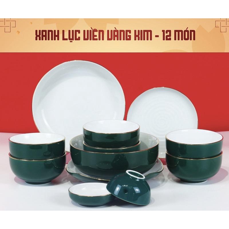 Set bát đĩa 12- 35 món, men xanh lục (cổ vịt), viền vẽ vàng kim, lòng trắng ngọc. Gốm sứ Bát Tràng cao cấp