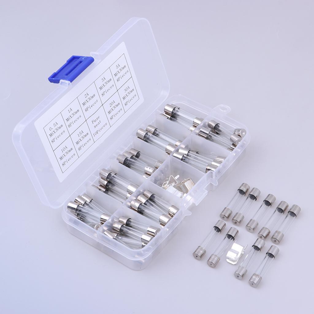 72 Pcs Electronics Quick Blow Glass Tube Fuse Assortment Kit 6*30mm 0.5A~30A