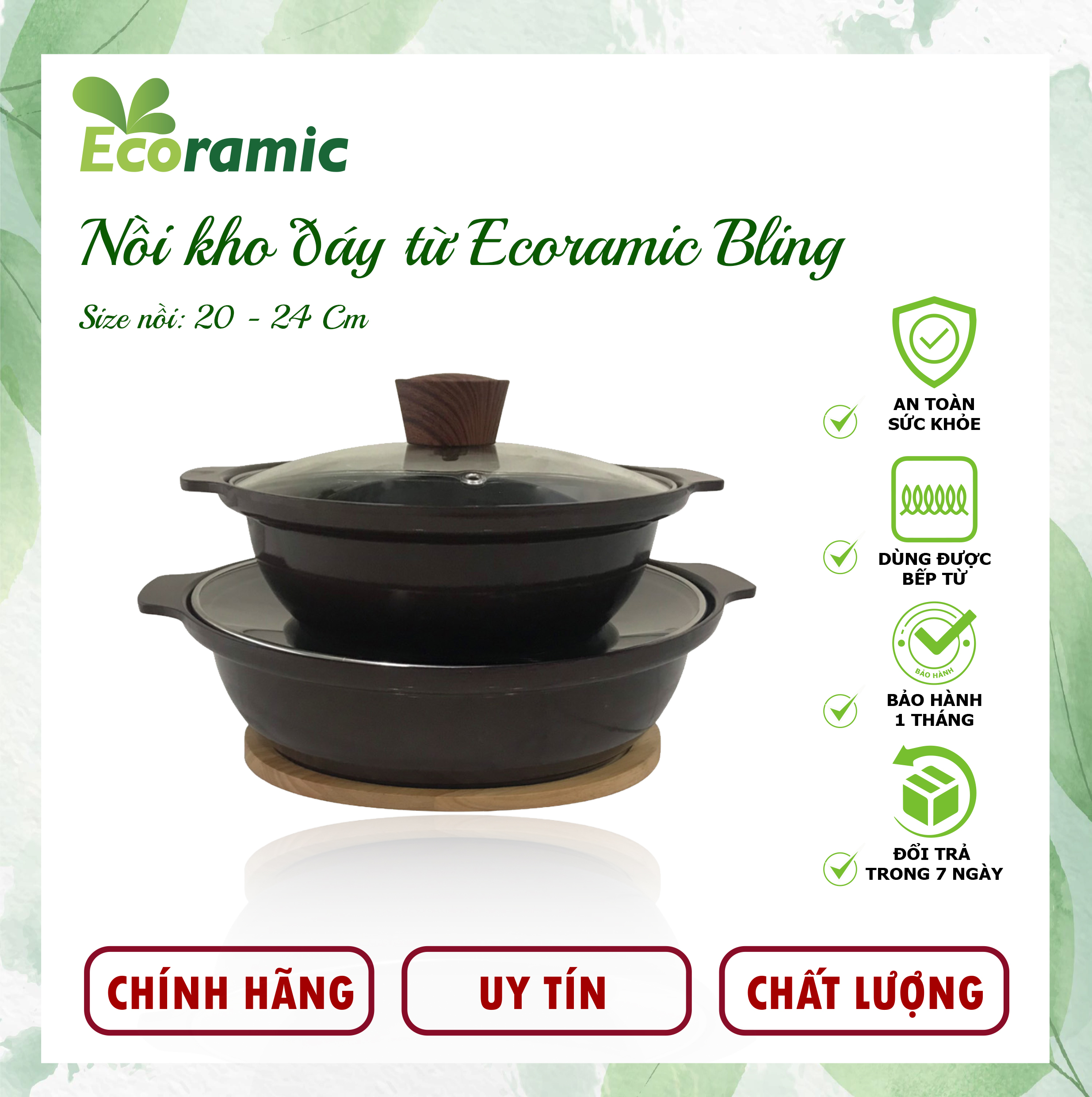 Nồi Kho Bếp Từ Ecoramic Bling  Chính Hãng Chống Dính, Siêu Bền - Tặng Kèm Đế Lót Gỗ Cao Cấp