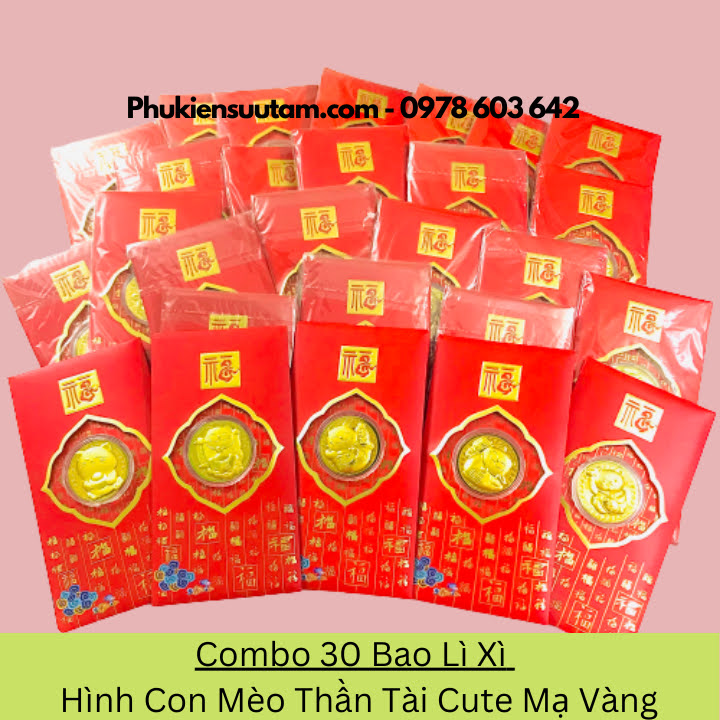 Combo 30 Bao Lì Xì Hình Con Mèo Thần Tài Cute Mạ Vàng, kích thước: 17cmx9cm, màu đỏ - SP005928