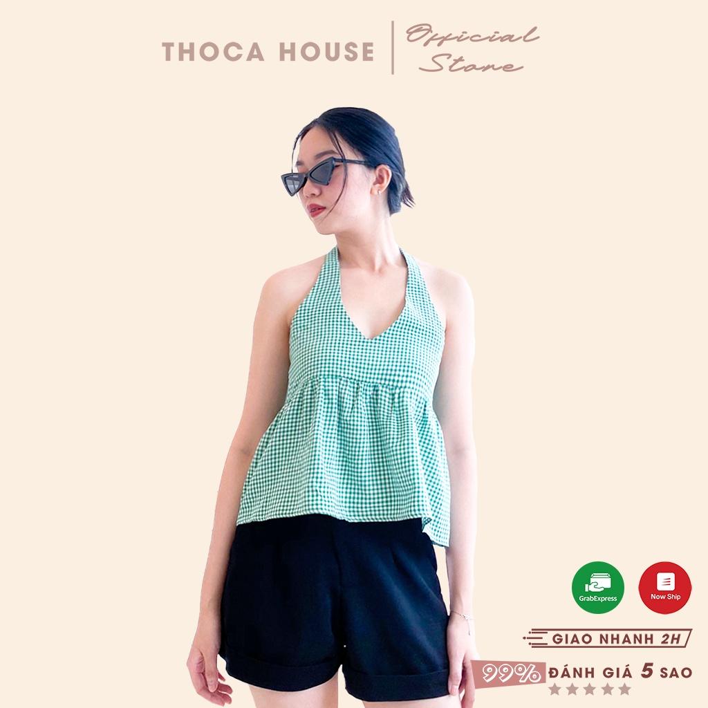 Áo 2 dây cổ yếm cột nơ màu trơn, caro THOCA HOUSE hồng, vàng, trắng, xanh hot trend thời thượng