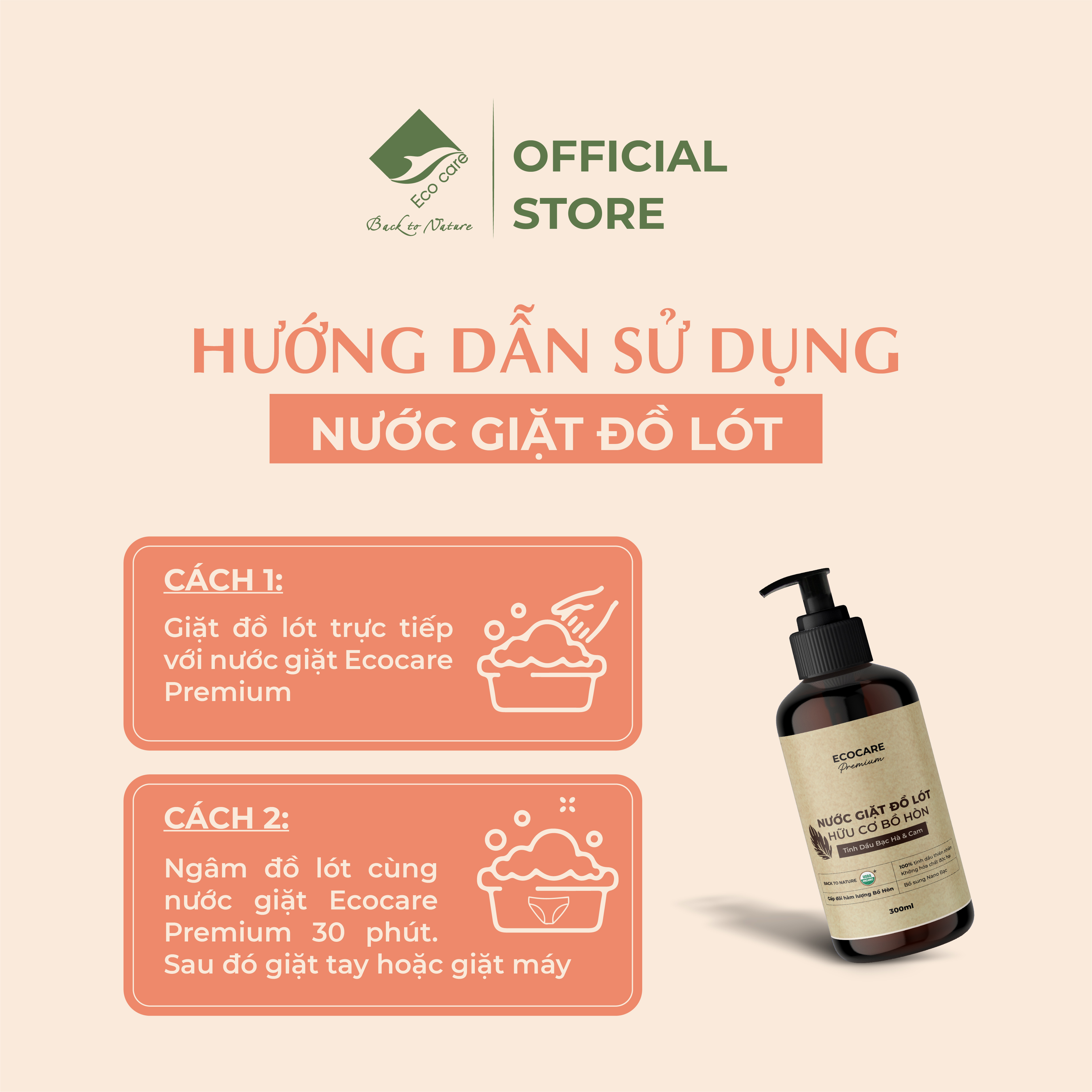 Nước Giặt Đồ Lót Hữu Cơ ECOCARE 300ml Giảm 99% Vi Khuẩn, Tẩy Ố Hiệu Quả, Hương Cam Bạc Hà Thơm Mát