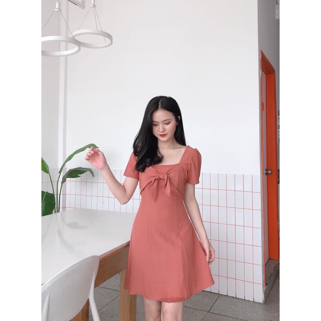 ĐẦM DỰ TIỆC CAM NUDE HỒNG TƠ LỤA MỀN MỊN MÁT TAY NGẮN PHỐI CỘT NƠ NGỰC DÁNG XÒE