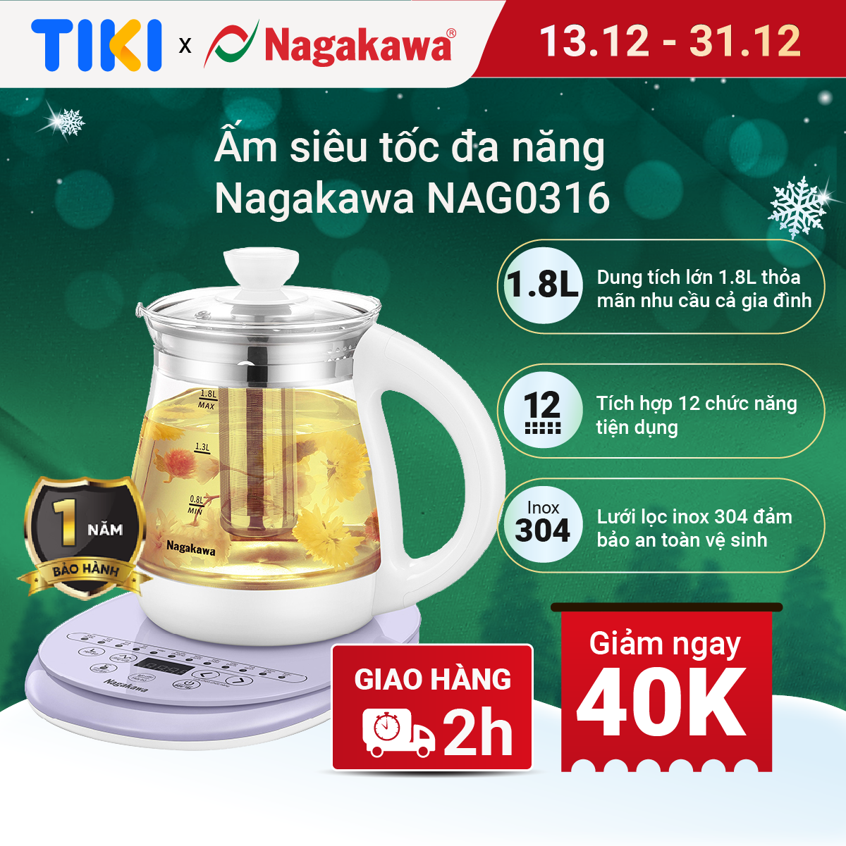 Ấm siêu tốc thủy tinh đa năng Nagakawa NAG0316 1.8 Lít - Hàng chính hãng