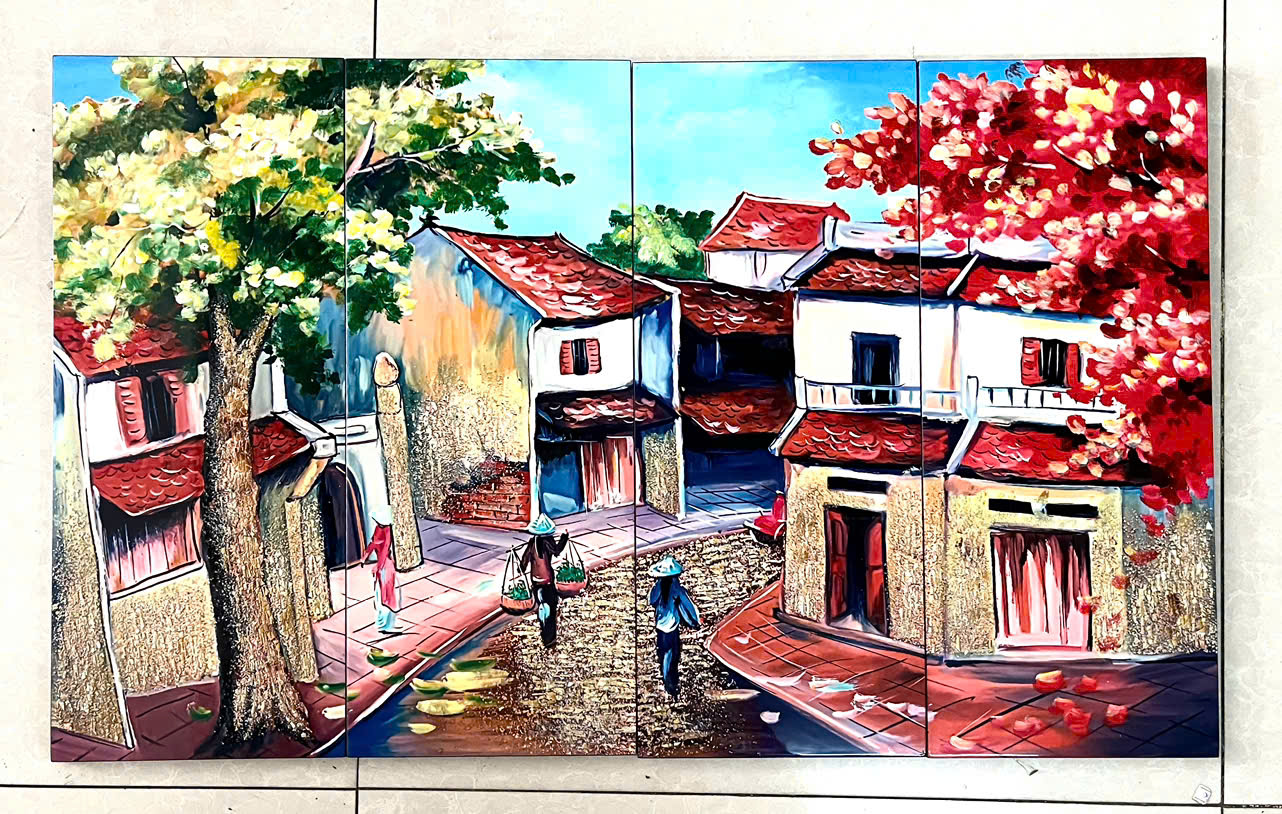 Bộ Tranh sơn mài 4 tấm - ĐỒNG QUÊ / PHỐ CỔ VIỆT NAM - Size 50x80 cm / 60x120 cm