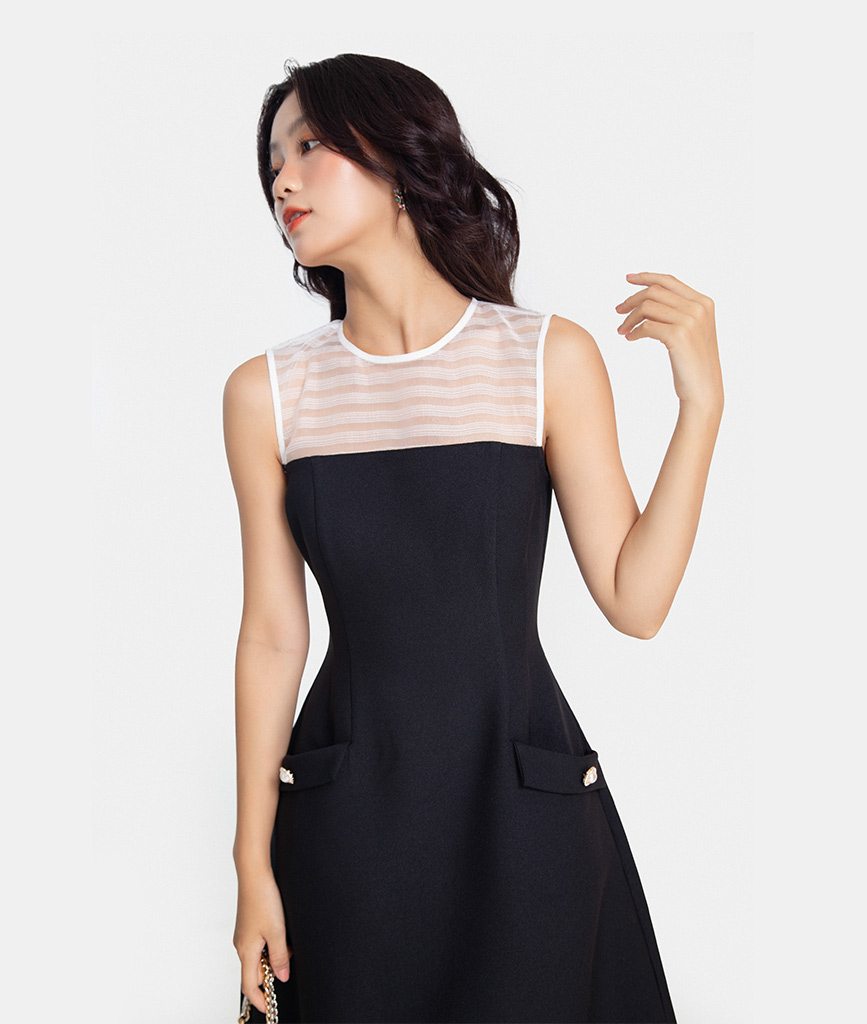 Đầm Lửng Thời Trang HNOSS Kiểu Mini Phối Organza Sọc HNDLU035