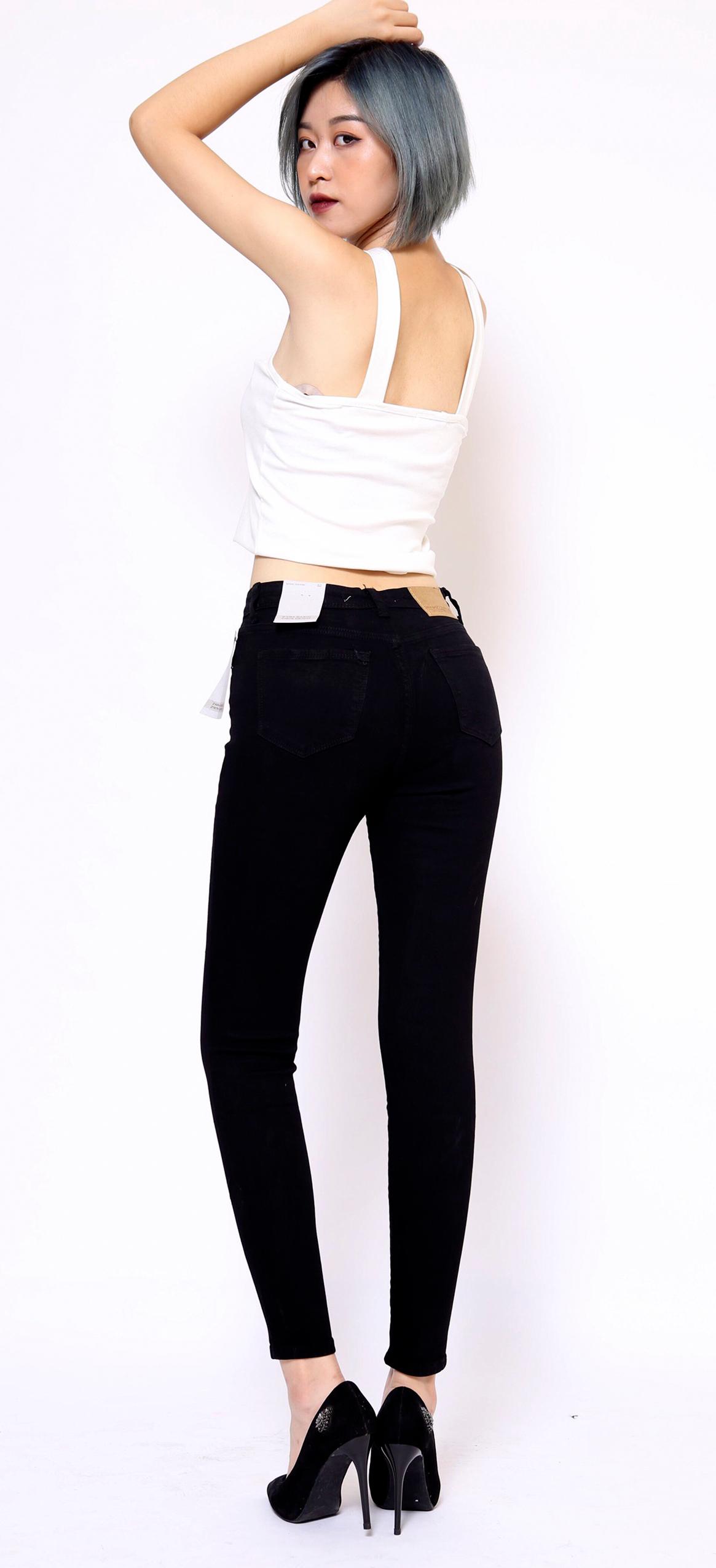 Quần jeans skinny nữ màu đen lưng cao chính hãng