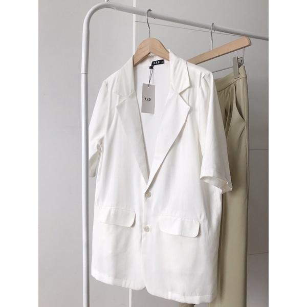 Áo blazer tay ngắn, vest nữ phong cách công sở phom suông 3 màu, có túi nắp, dễ mặc đi làm đi chơi