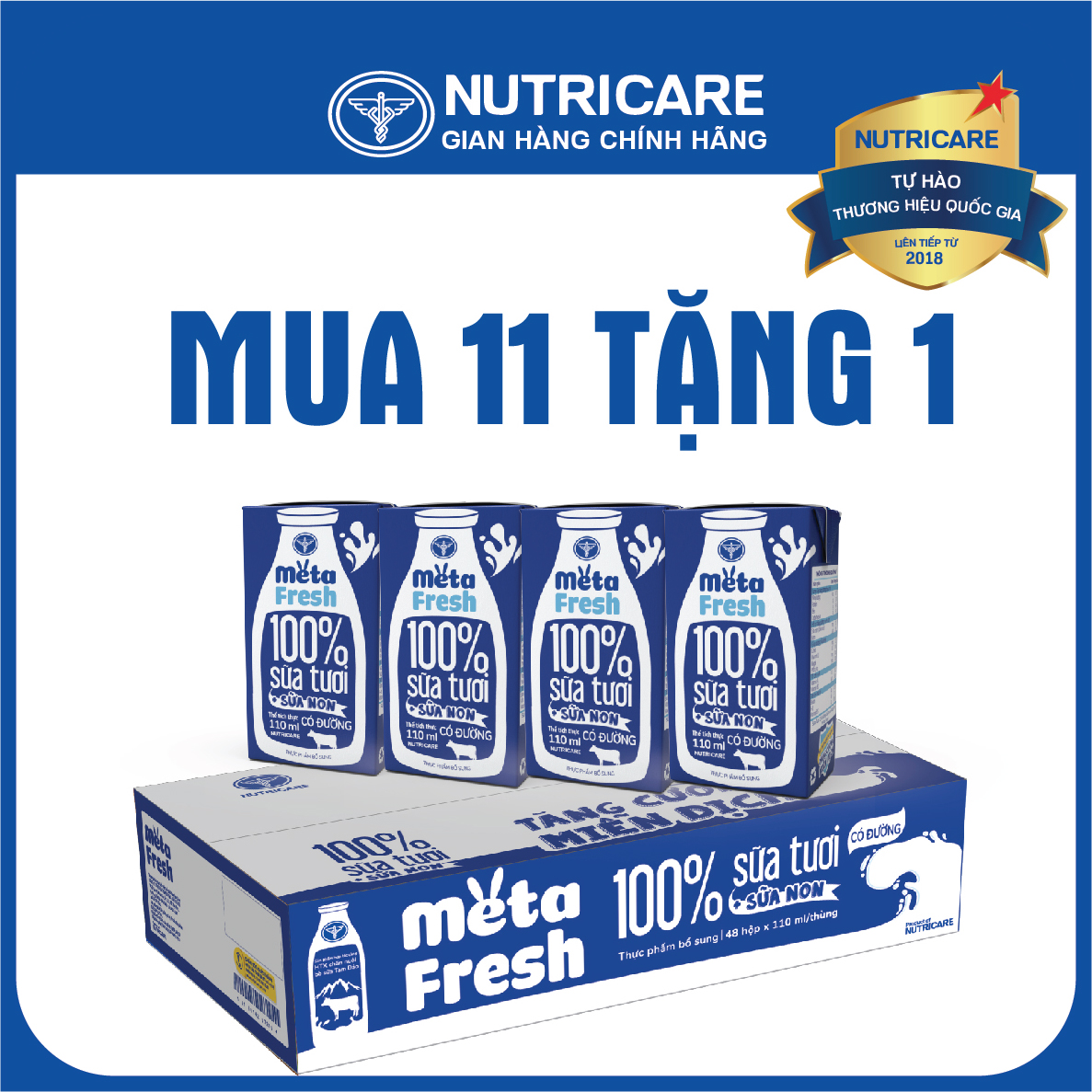 [Mua 11 lốc tặng 1] Sữa tươi Nutricare Meta Fresh Có Đường (180ml)