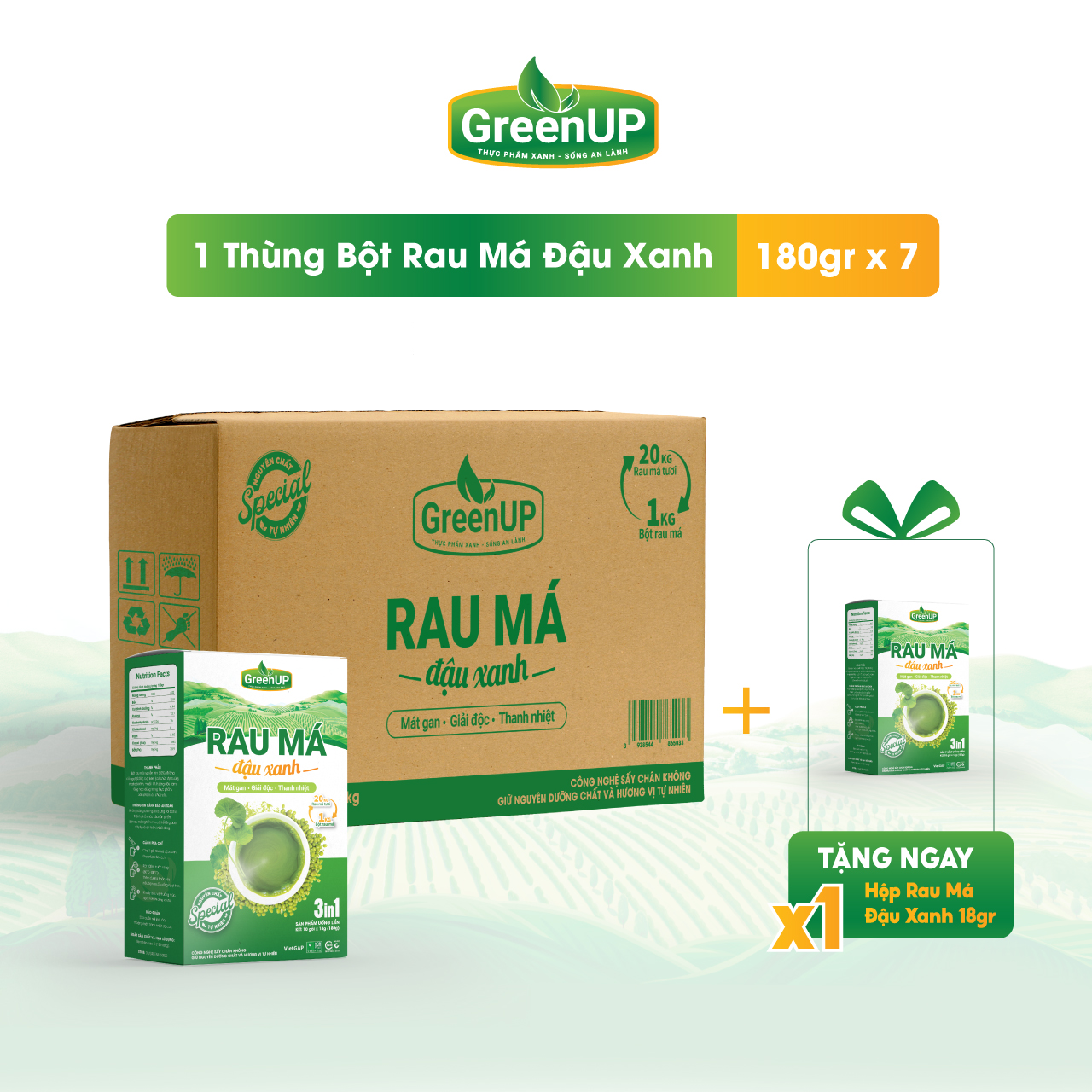 [TẶNG 1 HỘP] Thùng Bột Rau Má Đậu Xanh GreenUp 7 Hộp (180g x7 hộp)- Rau Má Uống Liền- COMBO TIẾT KIỆM- RMDXT01