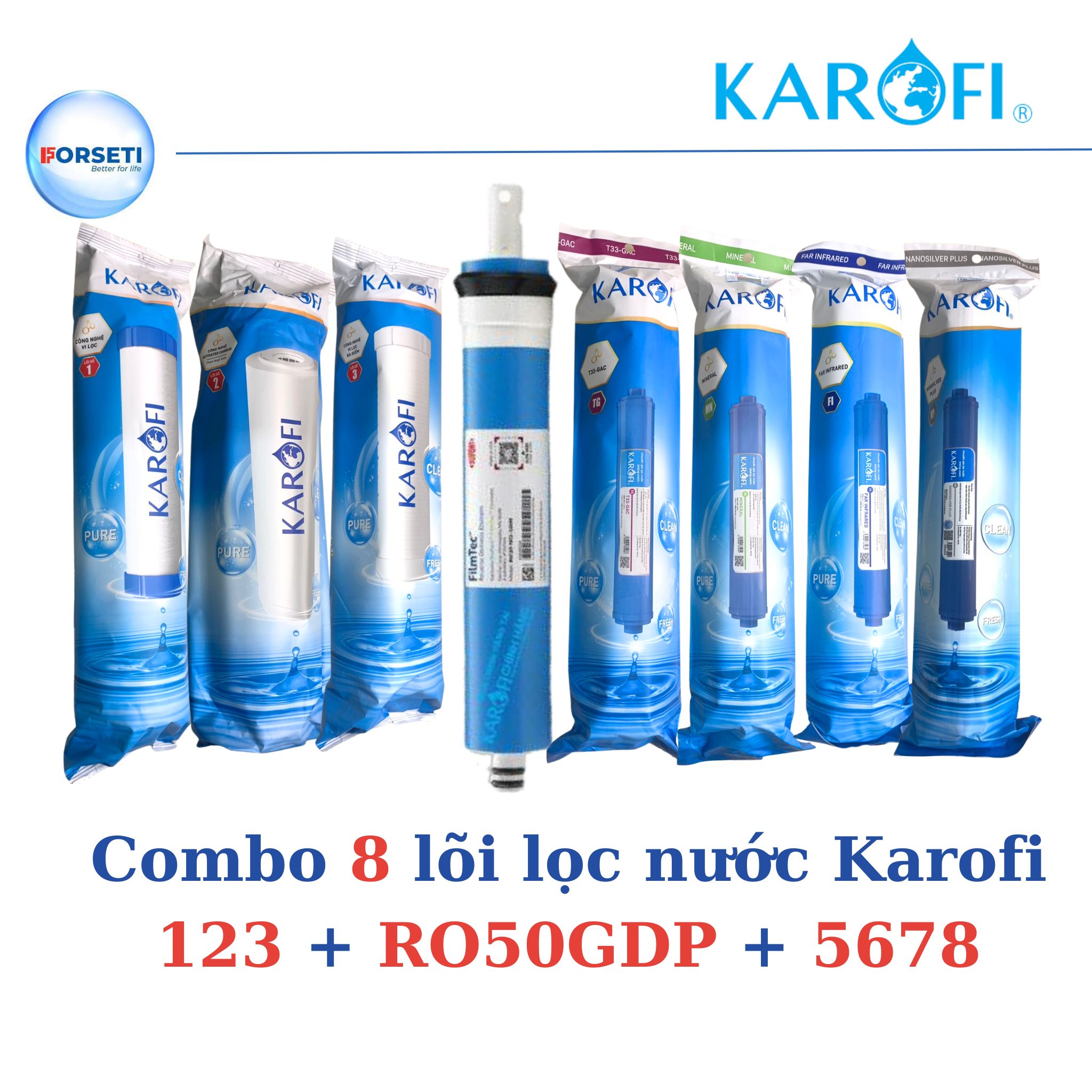 Combo 8 Lõi Lọc Nước Dành Cho Máy Lọc Karofi 8 Cấp Lõi 123Ronanosilvermineralgac T33Far Infrared - Hàng Chính Hãng