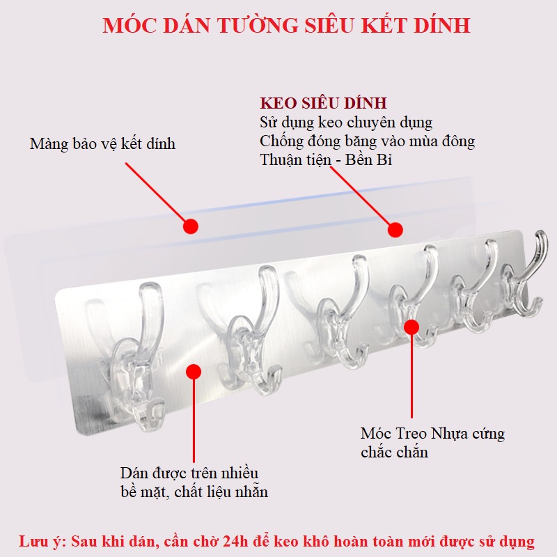 Thanh dán tường treo đôg 6 móc trong suốt siêu dính - tạo không gian nhà ở gọn gàng