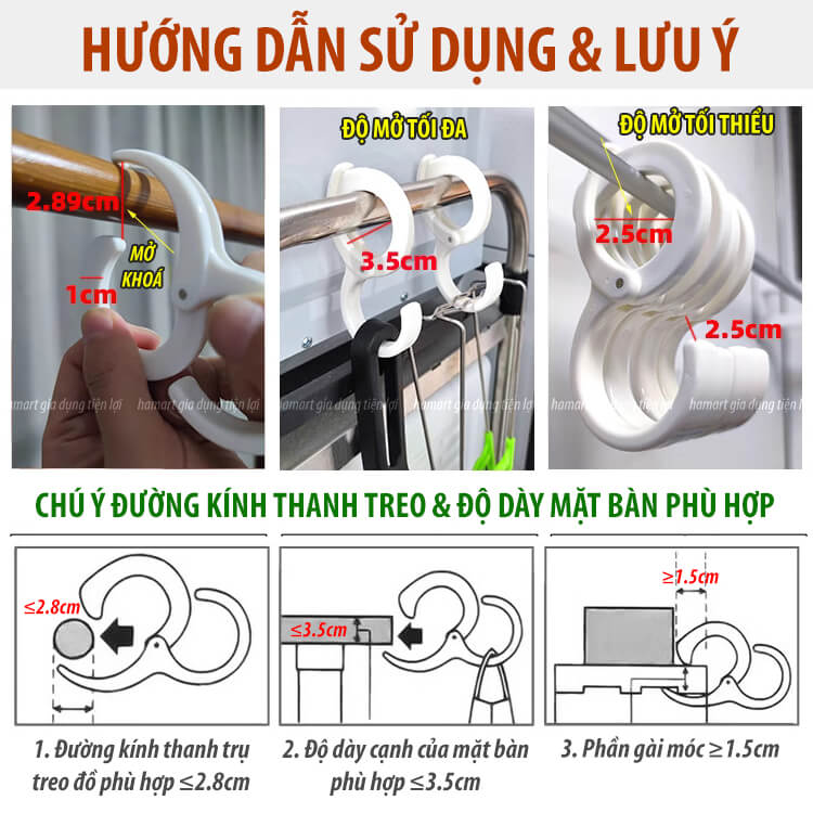 COMBO 2 Móc Thanh Treo Đồ Chữ S 7 Nấc Điều Chỉnh Chịu Lực 4KG Kẹp Treo Ô Tô Xe Máy Nhà Tắm Hamart
