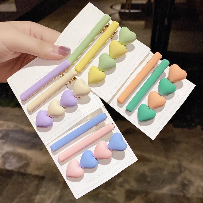 Bộ 3 kẹp tóc trái tim và trơn màu sắc ngọt ngào, trẻ trung