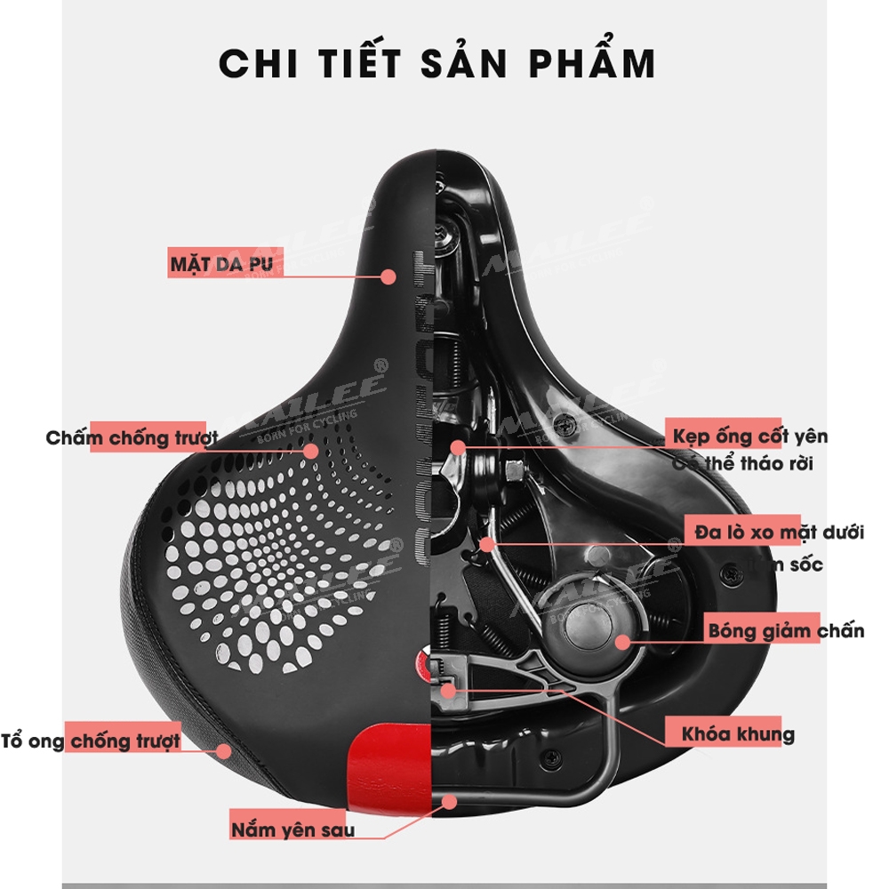 Đệm Yên Xe Đạp Bản Rộng Lớn CF-01 đa lò xo mặt dưới, mút đàn hồi dày, bọc da PU, khung kim loại cho xe đạp MTB, xe thể thao, có tay nắm sau, 2 cách lắp đặt - Mai Lee