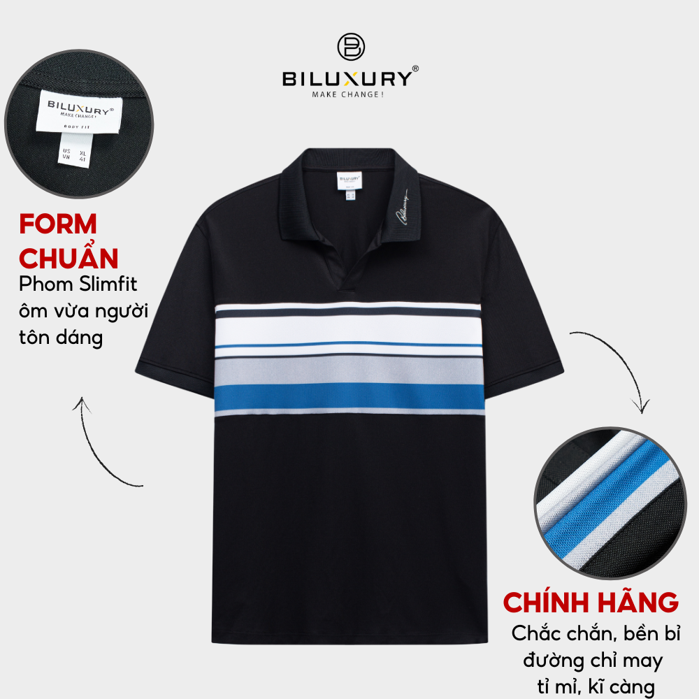 Áo polo nam Biluxury 7APCT025 form slimfit ôm vừa tôn dáng phối sọc ngang nổi bật năng động