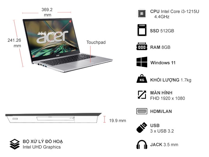 Laptop Acer Aspire 3 A315-59-381E i3-1215U/8GB/512GB/Win11 (NX.K6TSV.006)