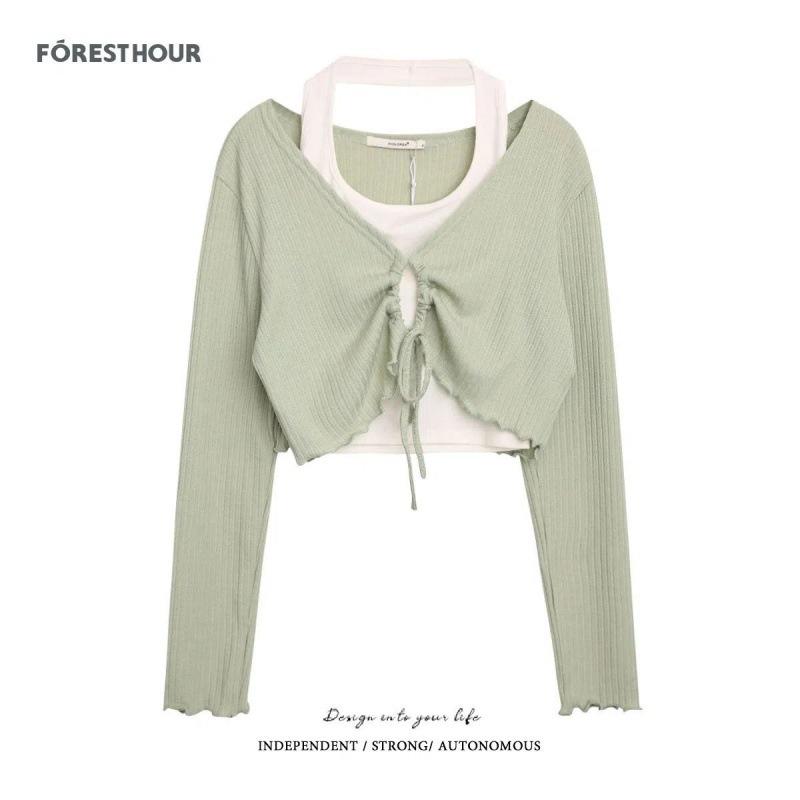 Set áo croptop tay dài cuốn biên Bare kèm áo yếm phối màu phong cách Ullzang cá tính - AO0158