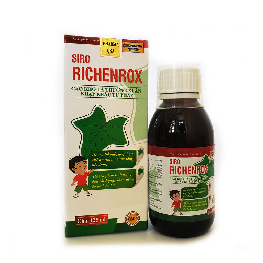 Siro ho cho bé RICHENROX giảm ho, tiêu đờm, viêm họng, viêm phế quản chai 125ml thành phần từ Cao lá thường xuân, húng chanh