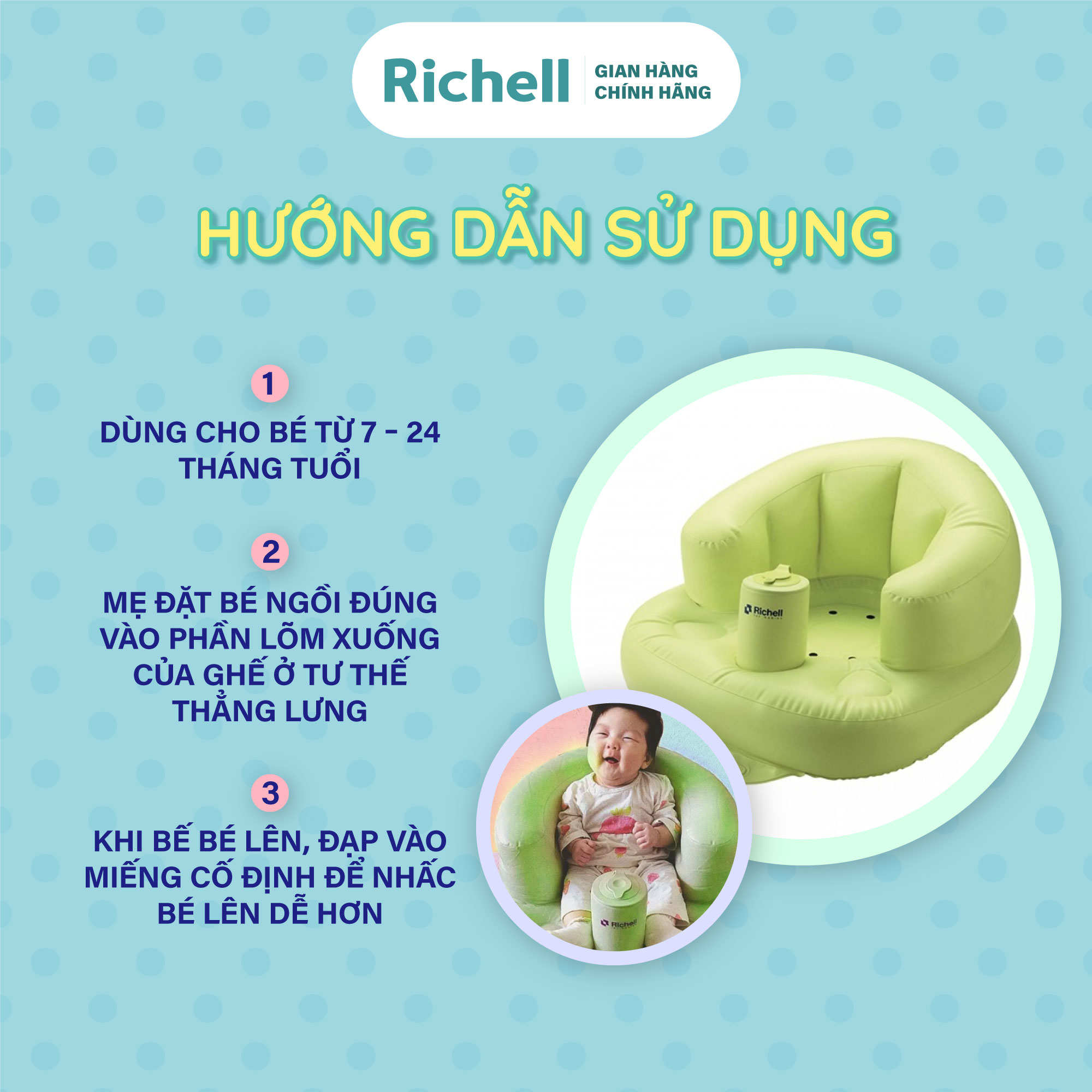 Ghế hơi tập ngồi Richell Nhật Bản cho bé từ 7 tháng tuổi không cần dụng cụ bơm | Baby