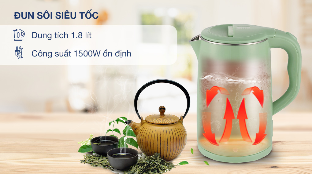 Bình đun siêu tốc Comet CM8218 – Hàng chính hãng - Inox 304 chống gỉ, dung tích 1.8L, công suất 1500W – Tự ngắt an toàn, thiết kế sang trọng