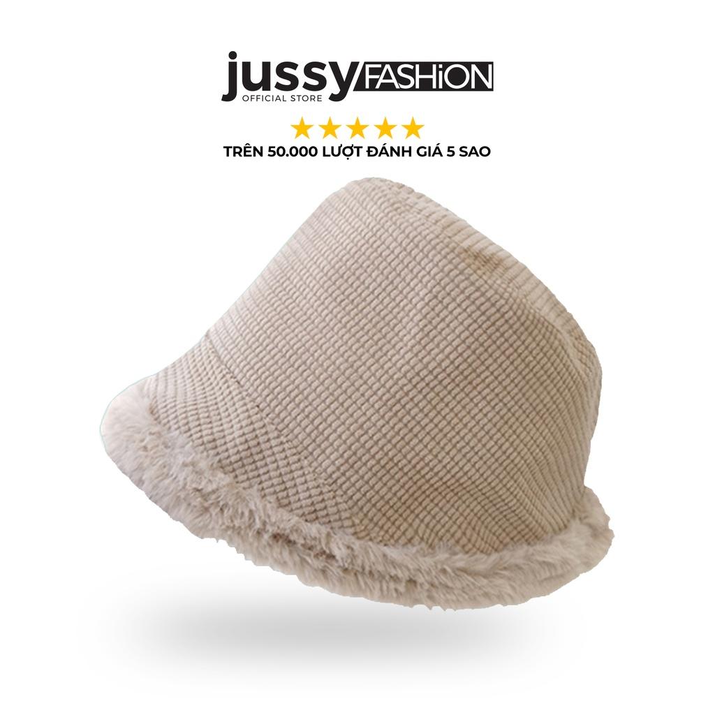 Mũ Bucket Nỉ Viền Lông Vành Xéo Jussy Fashion Nón Tai Bèo Len Lông Dày 2 Lớp Giữ Ấm Đầu Có Dây Rút Bên Trong